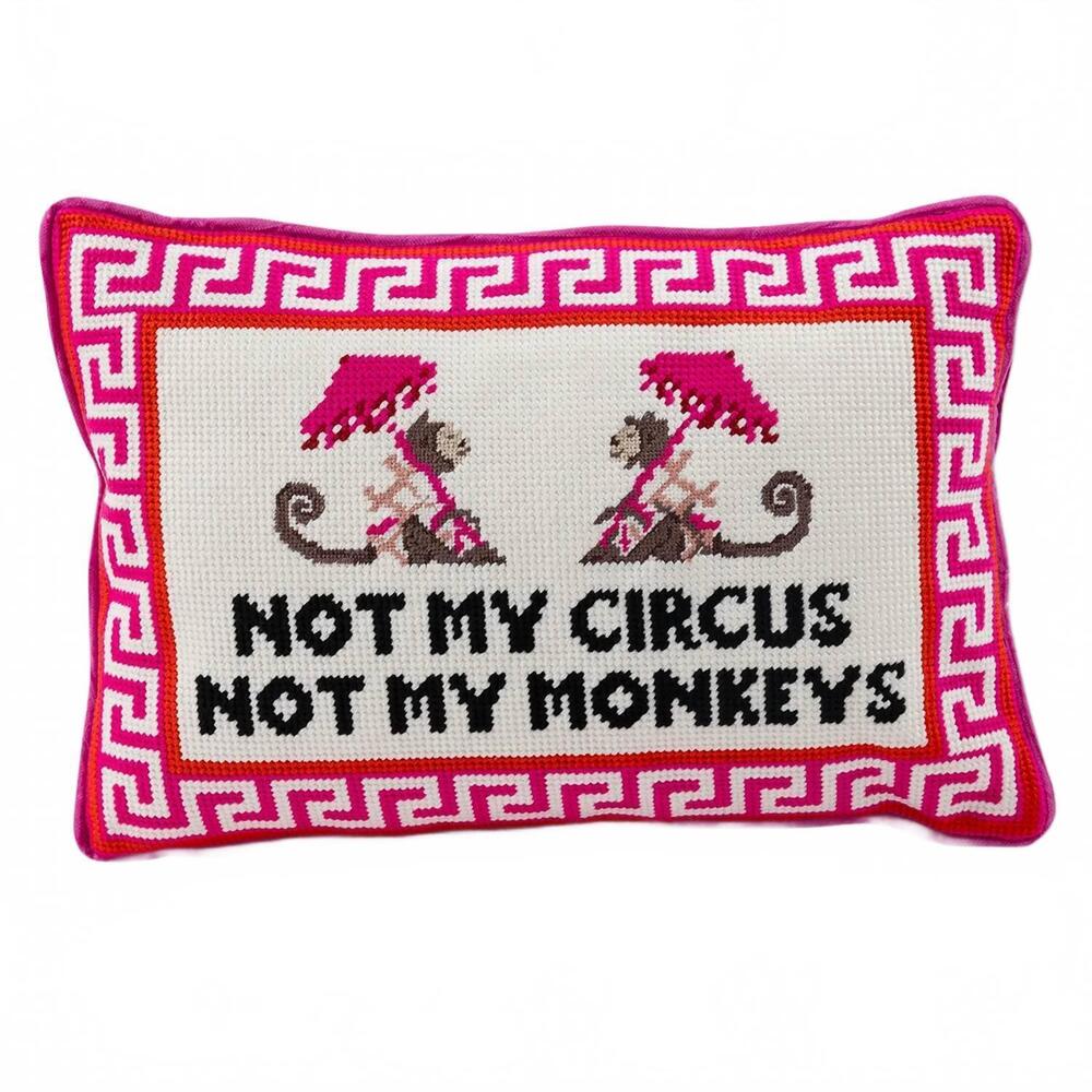 NEW FURBISH STUDIO no my circus, not my monkeys needlepoint pillow in pink & whi